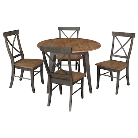 International Concepts 42 in. Solid Wood Round Dual Drop Leaf Dining Table with 4 Chairs in Hickory/Washed Coal K45-42DL-C613-4